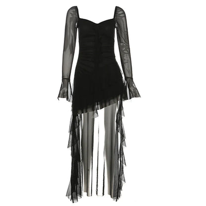 Sweet & Edgy Retro Flowing Square-Neck Tulle Ruched Cinched Waist Asymmetrical Dress