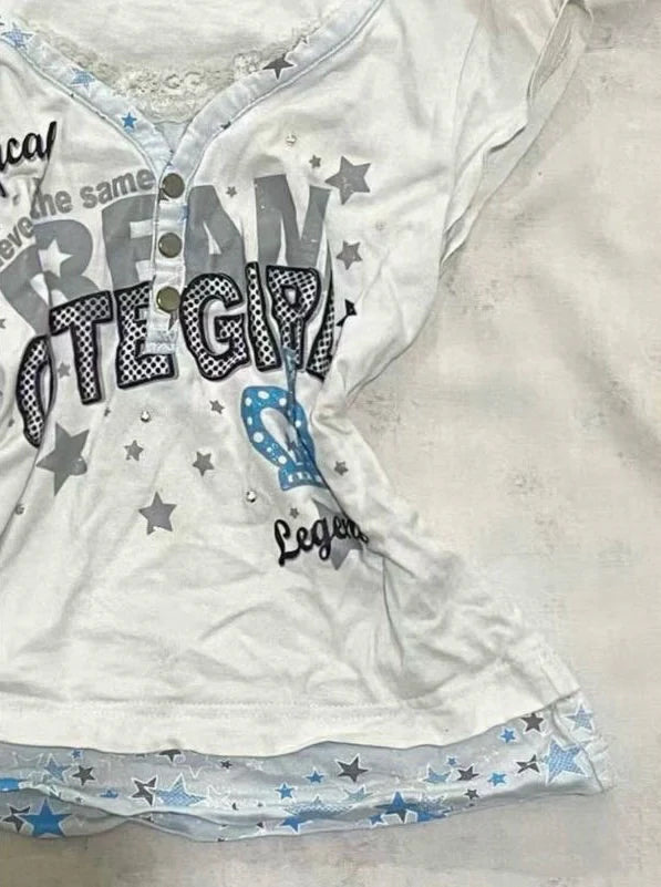 Vintage V-Neck Fake Two-Piece Y2K T-Shirt