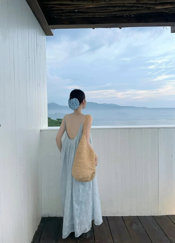 Pleated Tencel Backless Spaghetti-Strap Beach Dress