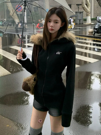 American Fitted Fur Hoodie Zip-Up Cropped Sweatshirt Jacket