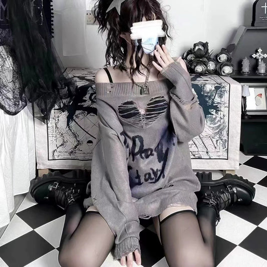 Y2K Off-The-Shoulder Cutout Distressed Thin Sweater