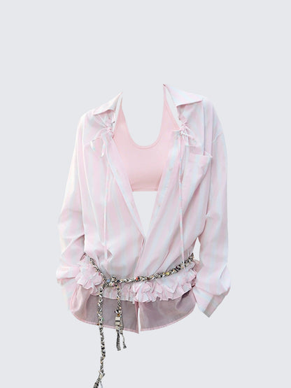 Korean Striped Lace Tie Long Sleeve Shirt