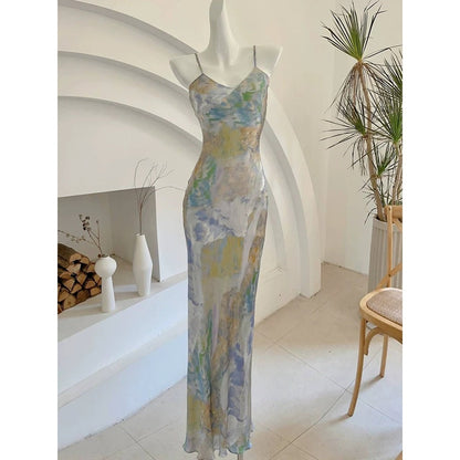 Moonlight Sea Draped Printed Spaghetti Strap Gown Dress
