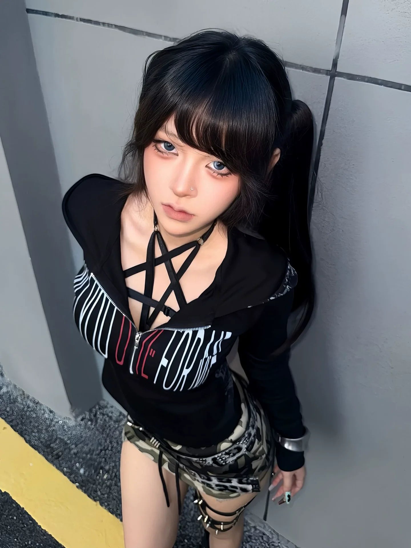 Subculture Snake Print Crop Hoodie Visual Kei Fitted Long Sleeve Top