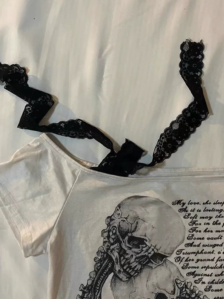 White Punk Y2K E-girl Skull Love Print Off-Shoulder Slim-Fit Short Sleeve Top
