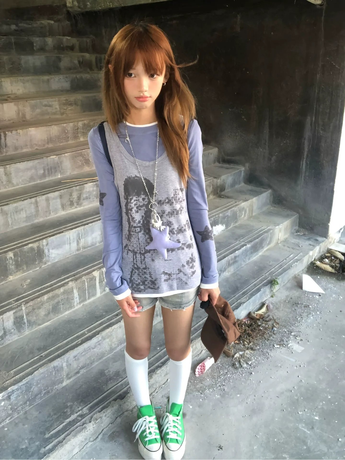 Y2K Star Girl Print Two-Piece Long Sleeve Tee Layered Vest Set