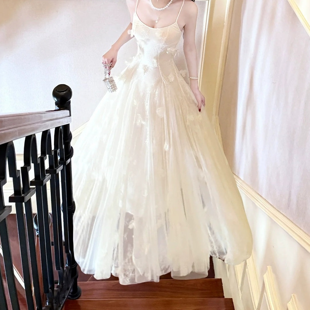 French Lace Floral Tulle Spaghetti Strap Gown Dress