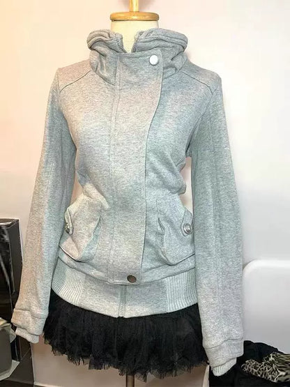 Gray Subculture Y2K E-girl Vintage Retro Collared Hoodie Autumn/Winter Slim Sport Yoga Jacket