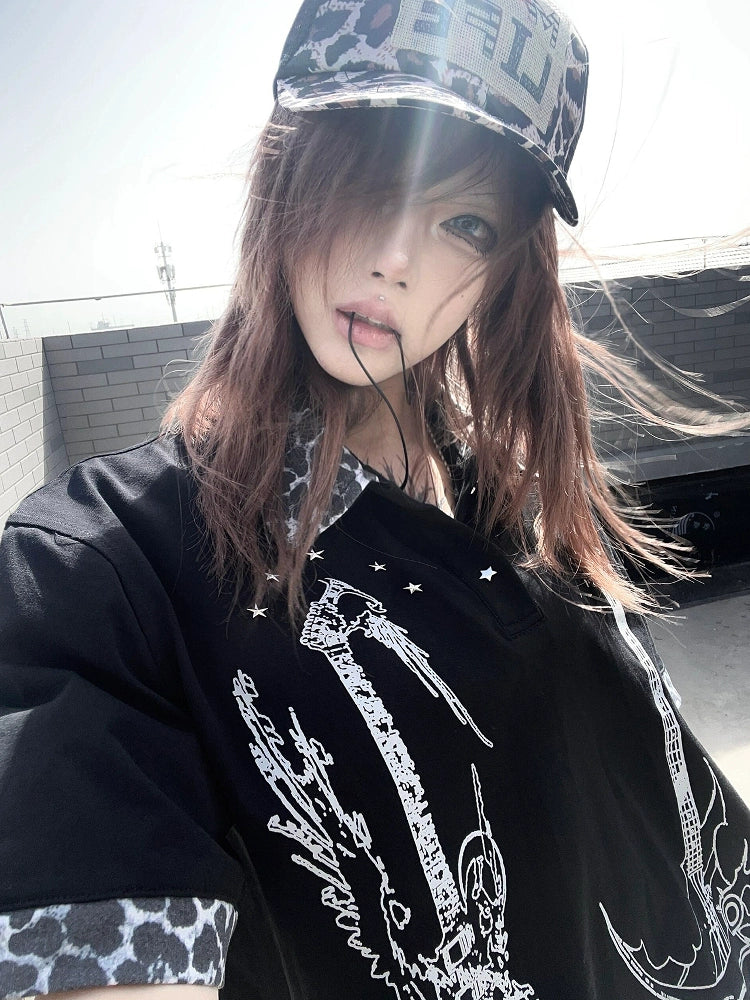 Y2K Leopard Patch Polo Tee