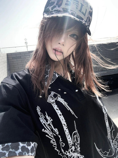 Y2K Leopard Patch Polo Tee