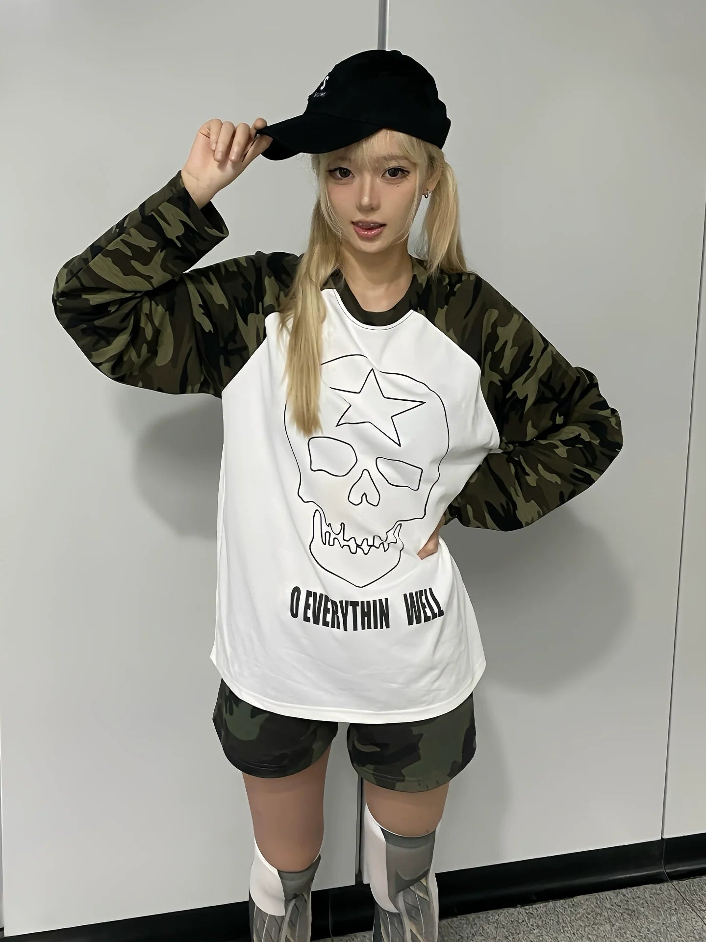 Y2K Camo Skull Long Sleeve Top