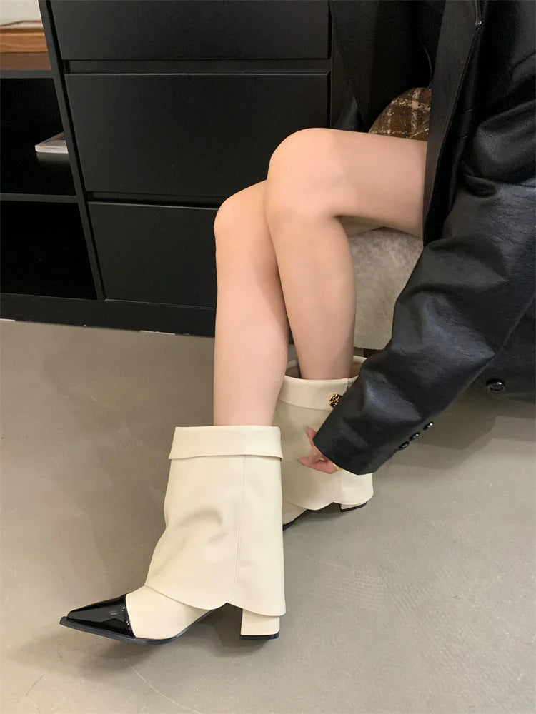 Minimalist Chic Color Block Chunky Heel Ankle Boots Women Fall Winter New Fashionable Versatile Pointed Toe Trouser High Heel Biker Boots