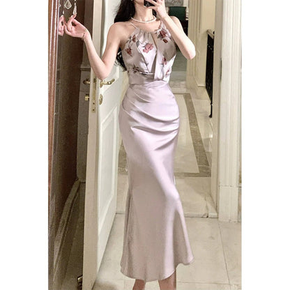 Satin Floral Contrast Mermaid Gown Dress