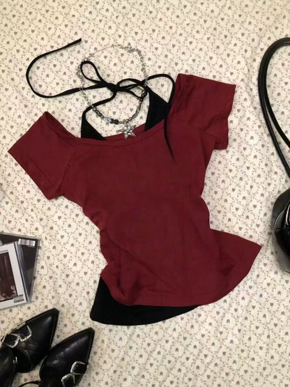 Red American Vintage Fake Two-Piece Halter Tie Y2K T-Shirt