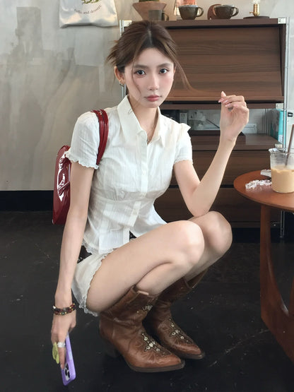 Preppy White Fitted Shirt  Structured Shoulder Waist-Cinched Short Sleeve Top