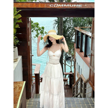 French White High-End Spaghetti Strap Resort Gown Dress