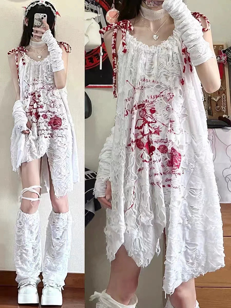 Dress [With Arm Sleeves + Leg Warmers] Subculture Y2K E-girl Toothache Angel Drawstring Textured Camisole Dress