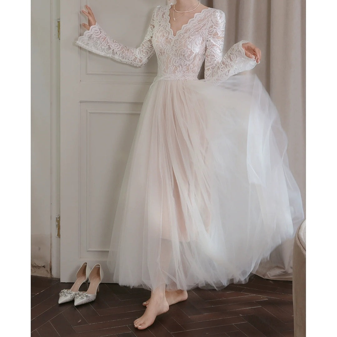 French V Neck Long Sleeve Mesh Gown Dress