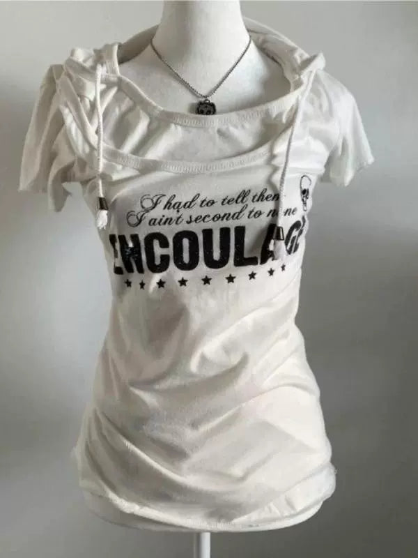 White Vintage Hooded Fake Two-Piece Short Sleeve Y2K T-Shirt