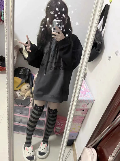 Black & Gray [Fleece-Lined] Subculture Y2K Kawaii Japanese Anime Cute Cat Print Hooded Sweatshirt