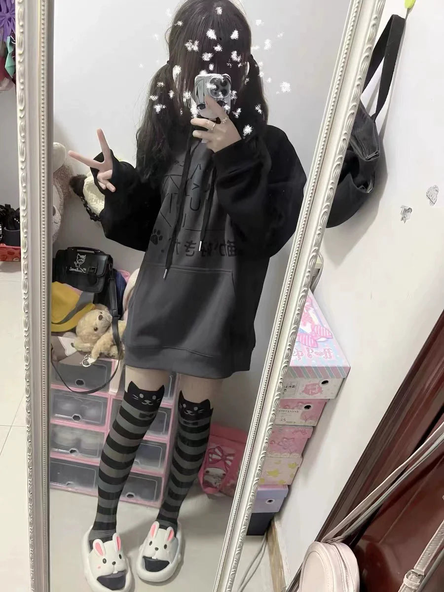 Black & Gray [Fleece-Lined] Subculture Y2K Kawaii Japanese Anime Cute Cat Print Hooded Sweatshirt