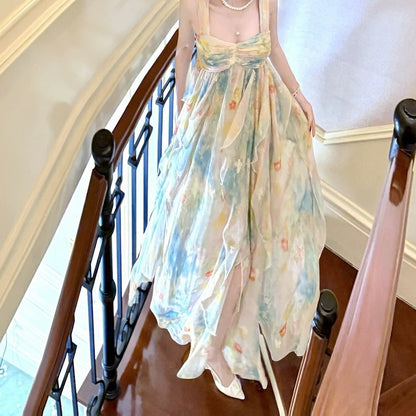 French Ruffle Butterfly Embroidered Spaghetti Strap Gown Dress