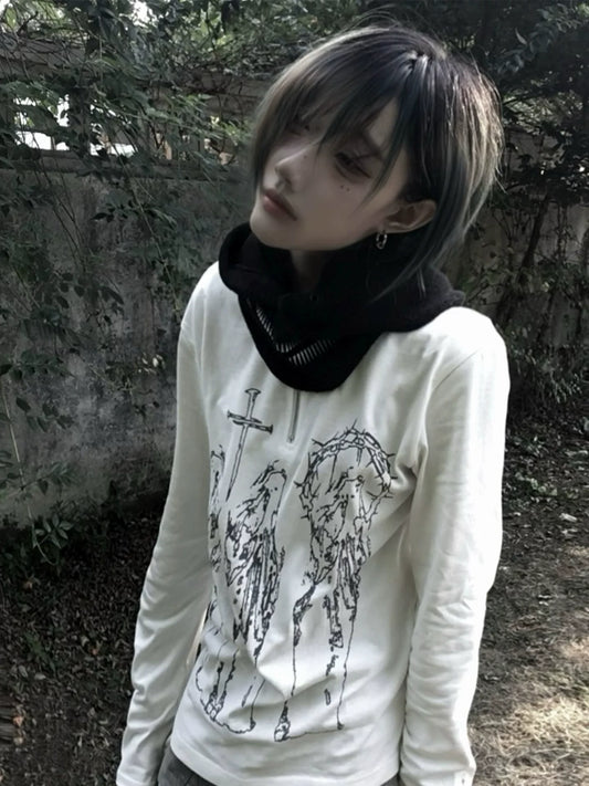 Y2K White Shoulder Heavy Henley Long Sleeve Top