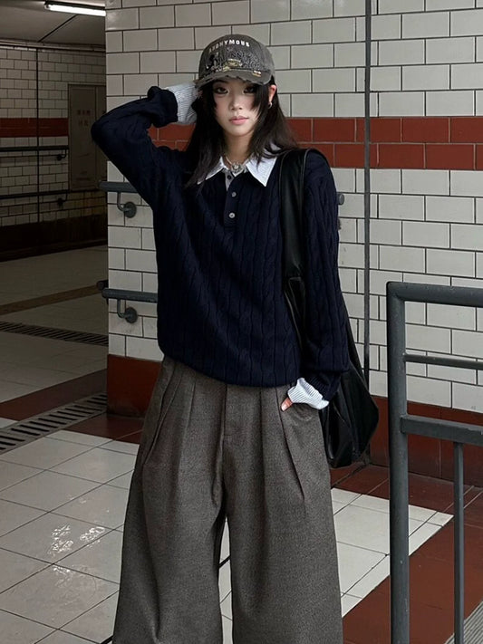 Old Money Cable Knit Polo Sweater Cleanfit Layered Top