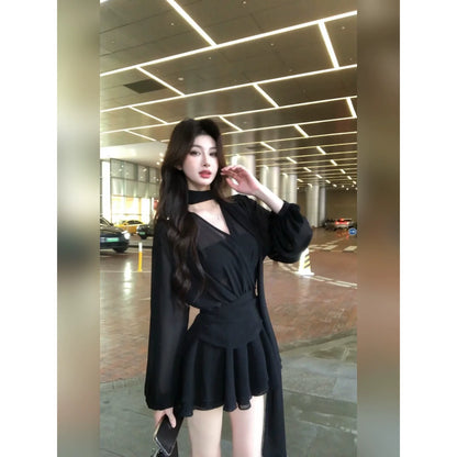 French Black Ribbon Chiffon Long-Sleeve Waist-Cinched A-Line Summer Mini Dress