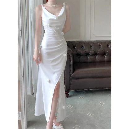 French Slim Fit Spaghetti Strap Slit Gown Dress