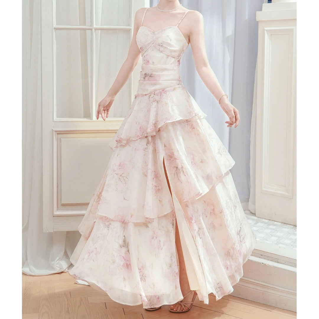 French Floral Waist Spaghetti Strap Gown Dress