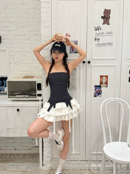 American-Style Tube-Top Sexy Tiered Fake Two-Piece Petite-Friendly Summer Mini Dress