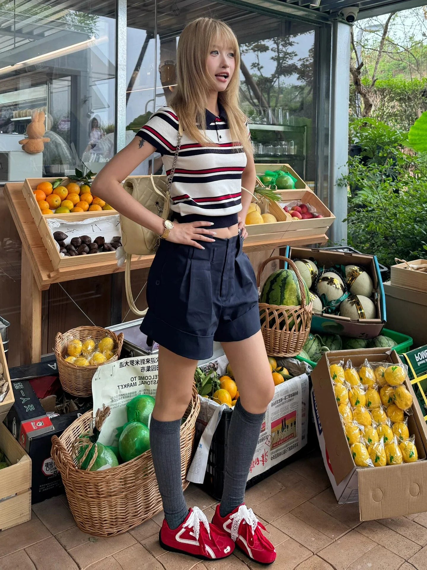 Striped Knitted Short Sleeve Polo Top Slim Fit