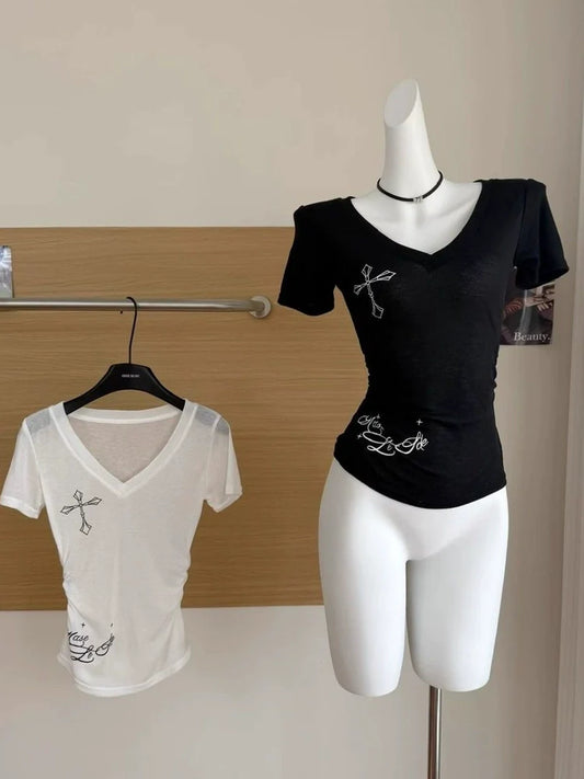 Black Subculture Y2K E-girl Abi American Retro Cross & Letter Print Short Sleeve Top