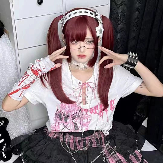 Black (With Chain Arm Sleeves) Subculture Punk Y2K E-girl  Removable Sleeve Fake Two-Piece Tie Top