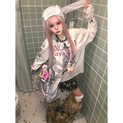 V Neck Distressed Long Sleeve T Shirt Y2K Visual Kei Top