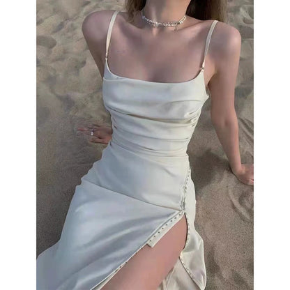 French Elegant White Spaghetti Strap Mini Gown Dress – Chic Open-Back Dress