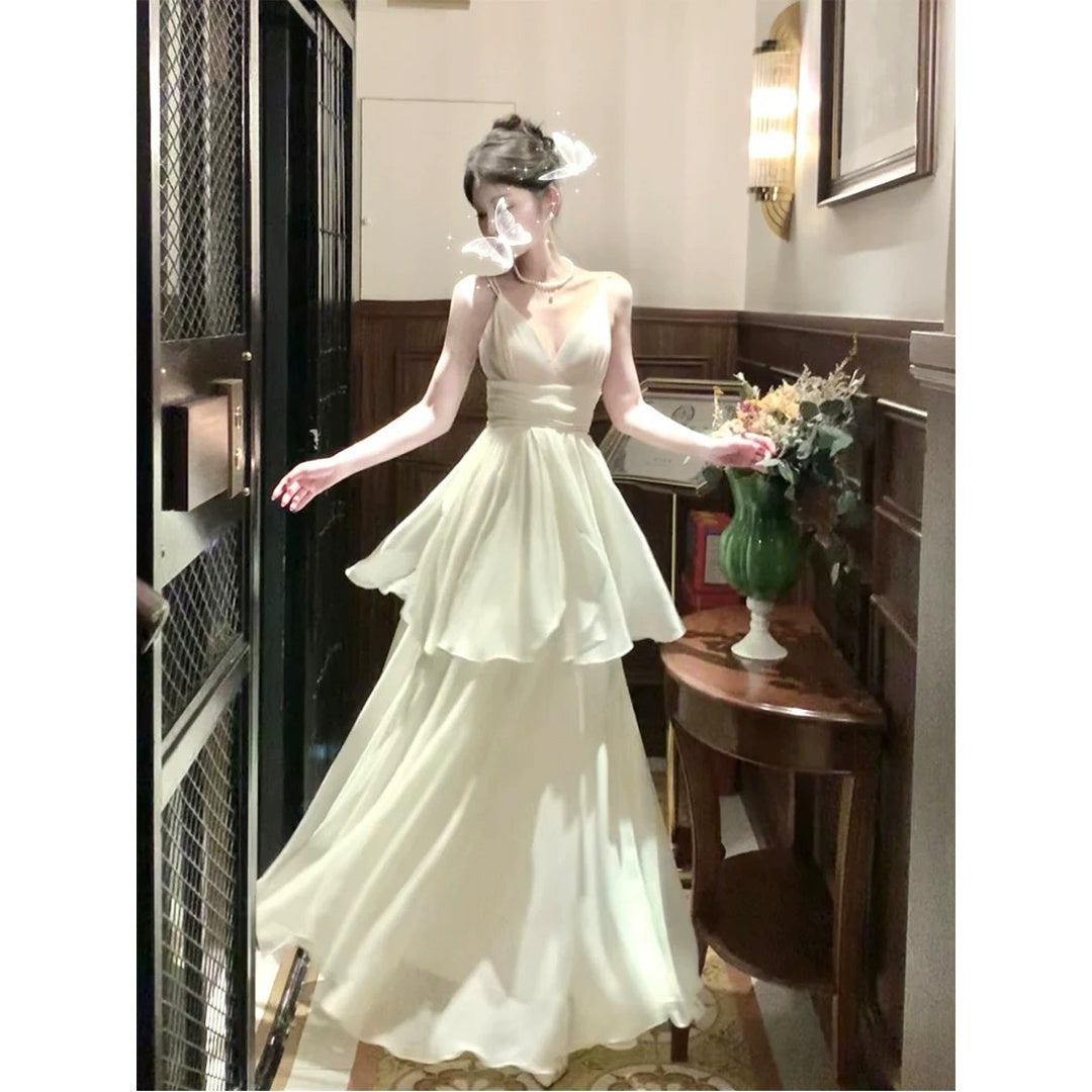 Double Layer Ruffle Fairy Gown V-Neck Prom Dress