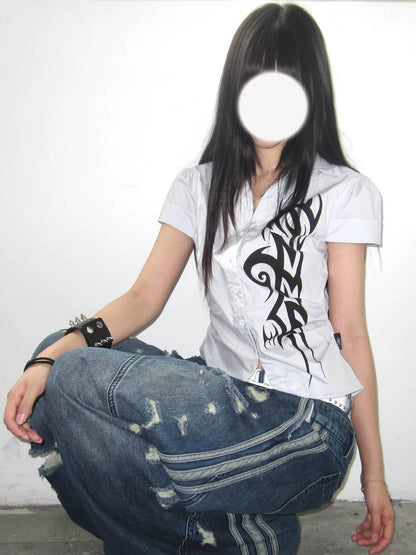 Punk Subculture Printed Short Sleeve Shirt  Fitted Waist Y2K Alternative Top