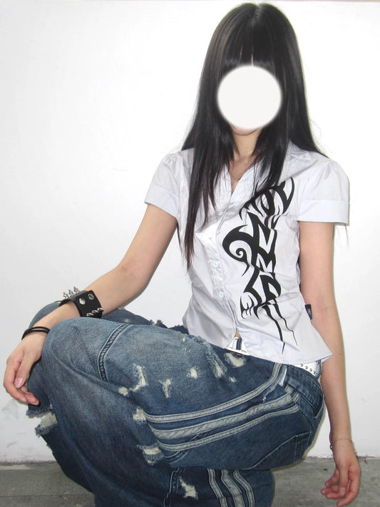 Punk Subculture Printed Short Sleeve Shirt  Fitted Waist Y2K Alternative Top