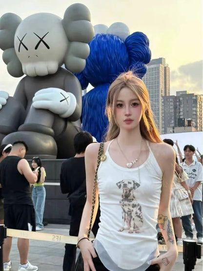 White Mesh Fake Two-Piece Dog Print Y2K Tank Top