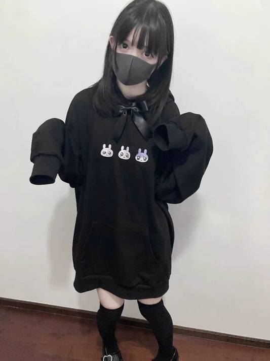 Black Bunny Hooded Sweatshirt Subculture Y2K Japanese Anime Light Subculture Otaku-Style Abi Autumn/Winter Top