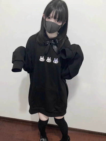Black Bunny Hooded Sweatshirt Subculture Y2K Japanese Anime Light Subculture Otaku-Style Abi Autumn/Winter Top