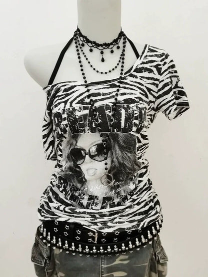 Zebra Stripe Tie-Front Y2K T-Shirt