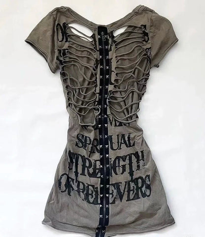 Letter Ripped Subculture Rock Punk Y2K Abi E-girl American Retro Letter Ripped Short Sleeve Top