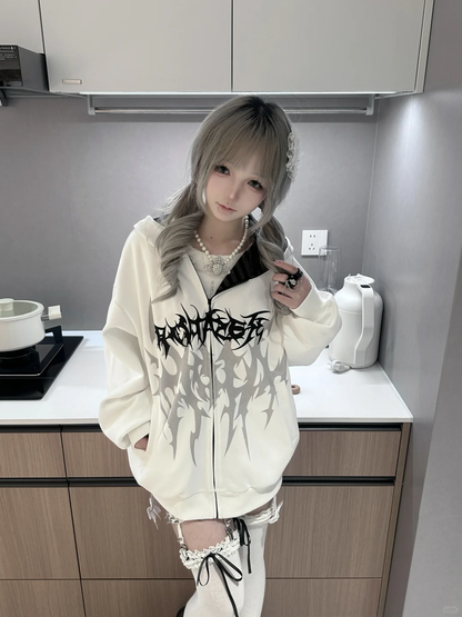 Fierce Tattoo Hoodie Coat [Fleece-Lined] Subculture Gothic Rock Punk Dark Y2K E-girl Hooded Sweatshirt Jacket