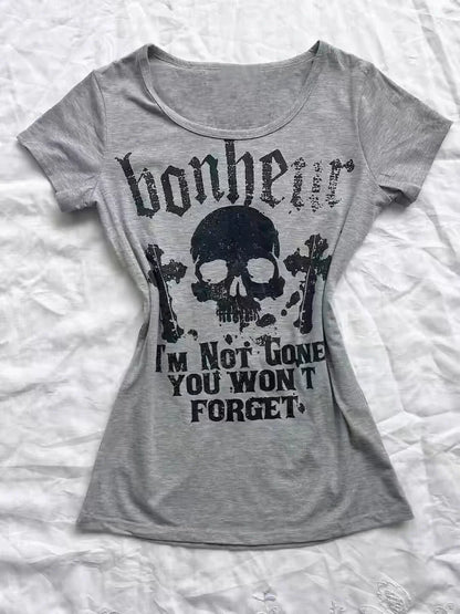 Gray Skull Letter Print Slim Tee Y2K Top