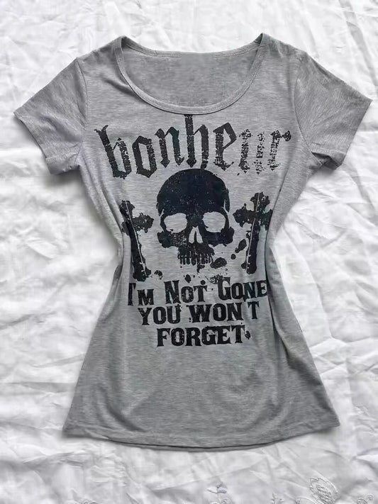 Gray Skull Letter Print Slim Tee Y2K Top