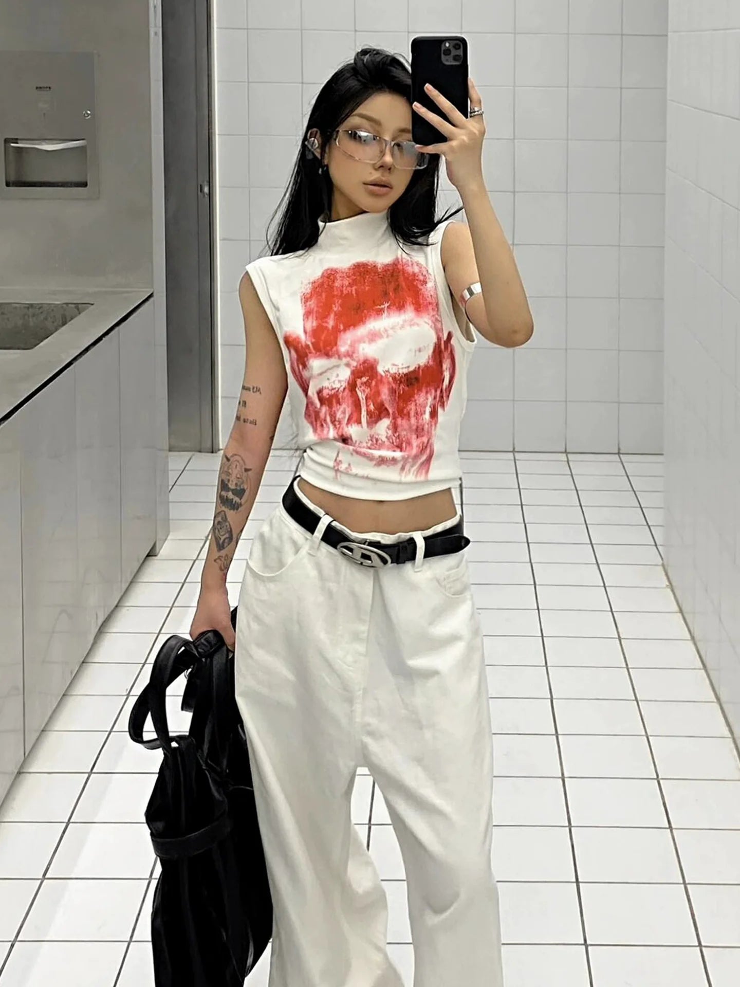 Punk Y2K White Skull Tank Top Sleeveless Cropped Subculture Tee