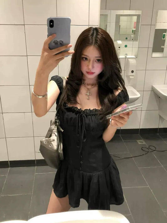 Tencel Textured French Square-Neck Camisole Mini Dress